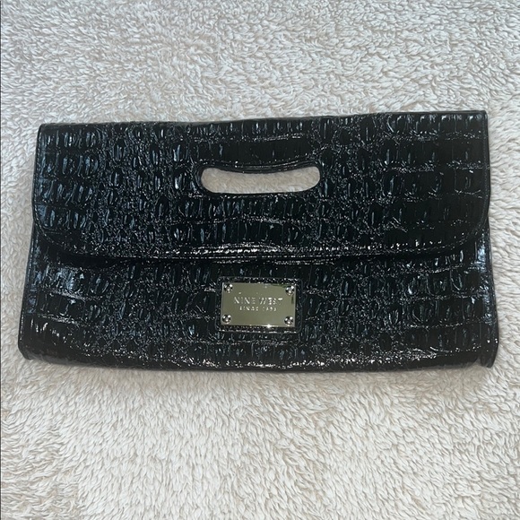 Nine West Black Croc-Embossed Clutch with Metallic Detail - Picture 1 of 14